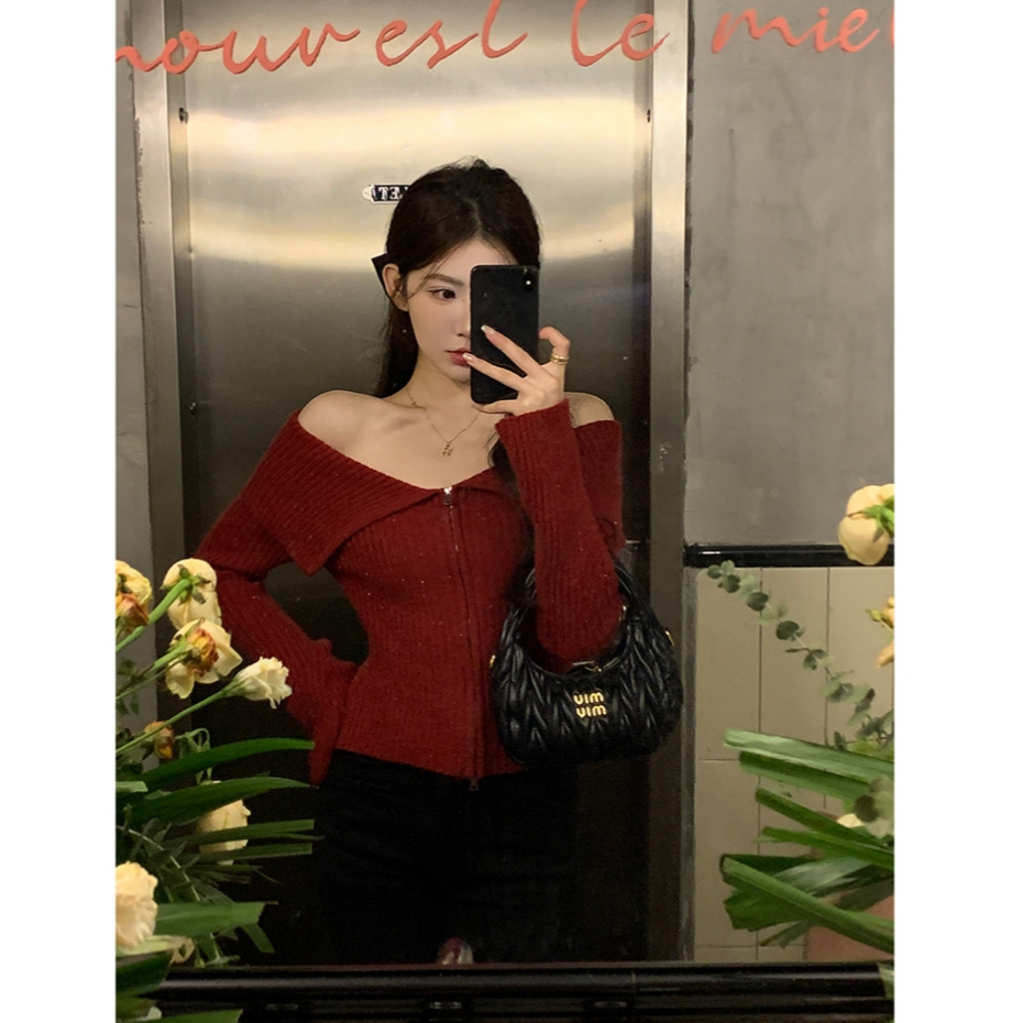 QADCOL Áo sweater Dệt Kim Trễ Vai Phối Khóa Kéo Thời Trang Thu Đông Cho Nữ