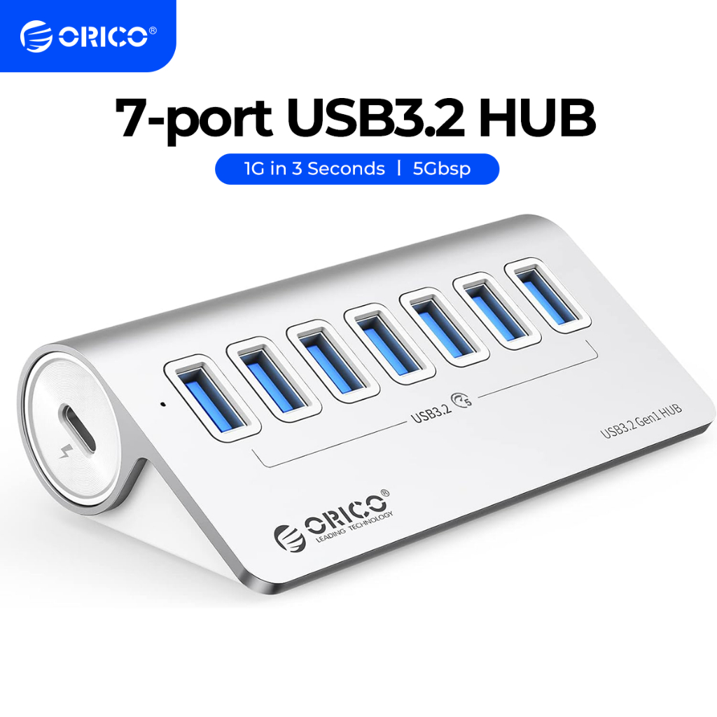 Orico USB Hub Nhôm Siêu Tốc Độ Cao 10Gbps Hub Loại C Sang 7 Cổng Hub USB 3.0 Sang Loại C Sạc PD 60W Cho Macbook Pro Air M1 Phụ Kiện Laptop PC (M3U7)