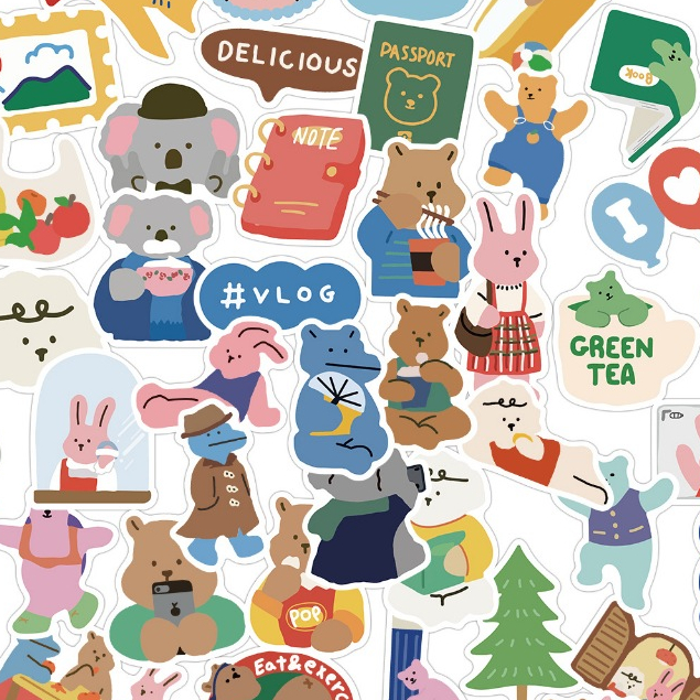 Set 50-100 Miếng Dán Trang Trí Tủ Lạnh laptop Hình Gấu Dễ Thương Chống Thấm Nước Phong Cách Hàn Quốc