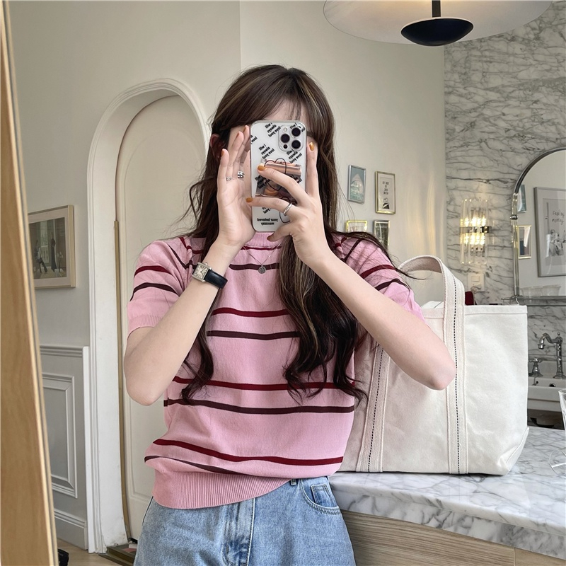 Áo Dệt Kim Ngắn Tay Kẻ Sọc Thời Trang Mùa Hè Cho Nữ | BigBuy360 - bigbuy360.vn