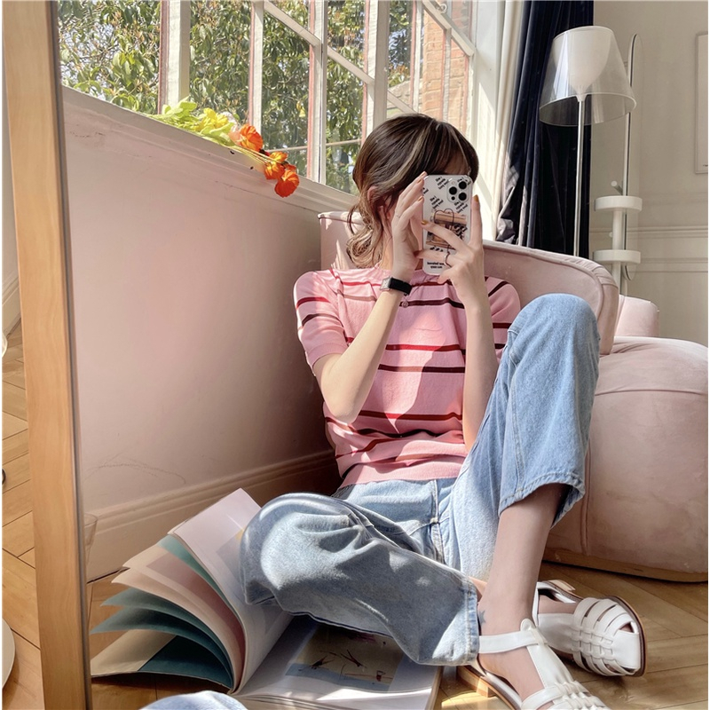 Áo Dệt Kim Ngắn Tay Kẻ Sọc Thời Trang Mùa Hè Cho Nữ | BigBuy360 - bigbuy360.vn