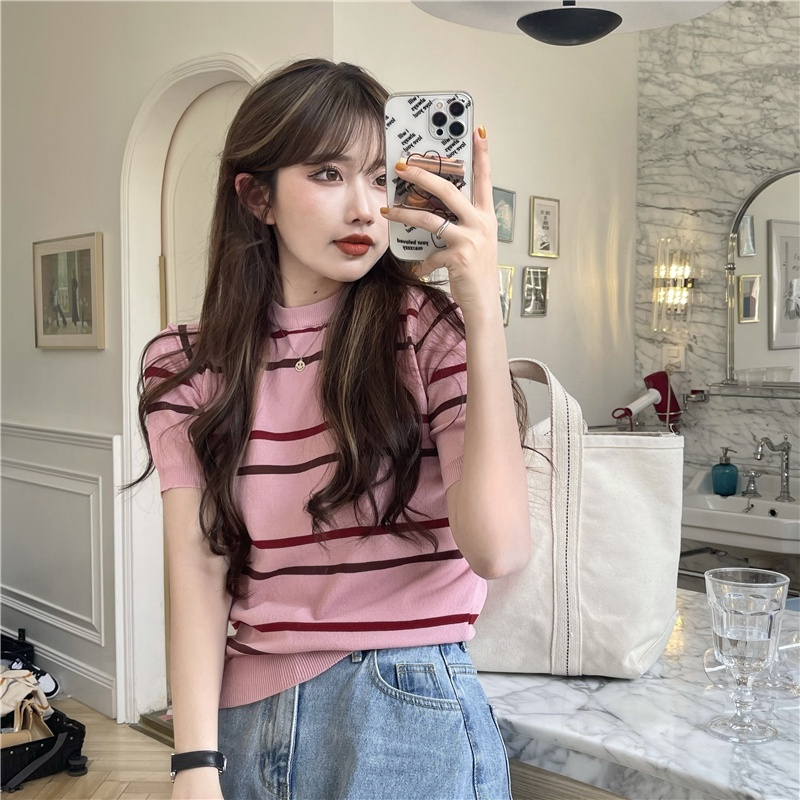 Áo Dệt Kim Ngắn Tay Kẻ Sọc Thời Trang Mùa Hè Cho Nữ | BigBuy360 - bigbuy360.vn