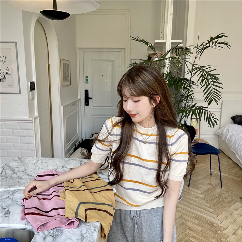 Áo Dệt Kim Ngắn Tay Kẻ Sọc Thời Trang Mùa Hè Cho Nữ | BigBuy360 - bigbuy360.vn