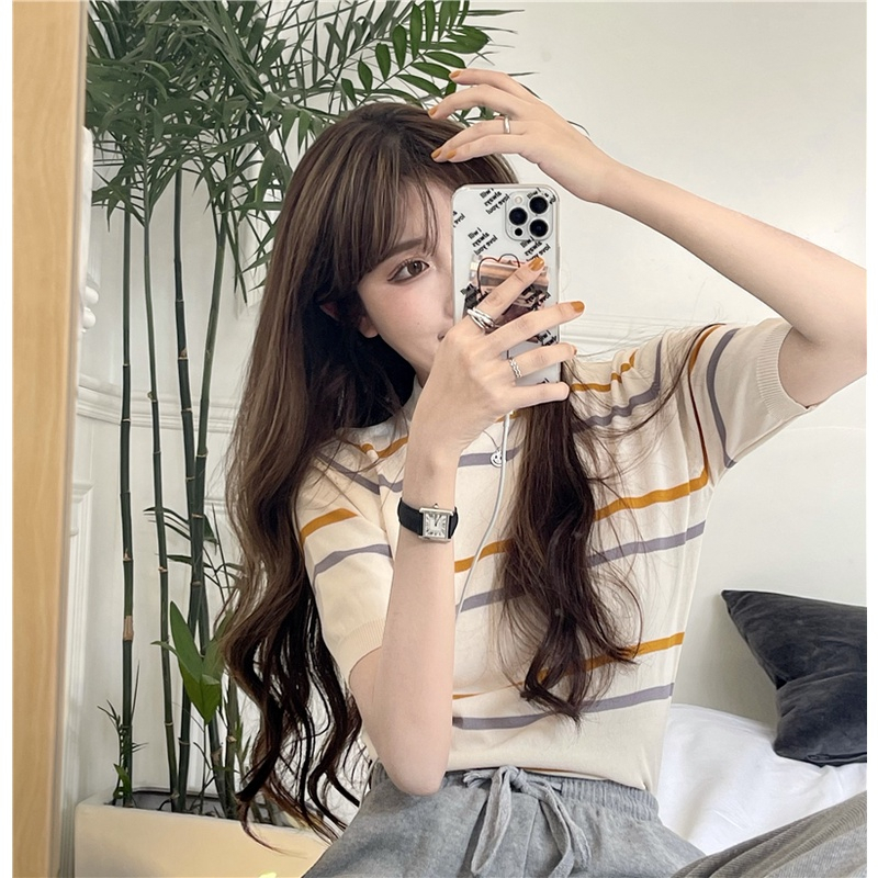 Áo Dệt Kim Ngắn Tay Kẻ Sọc Thời Trang Mùa Hè Cho Nữ | BigBuy360 - bigbuy360.vn