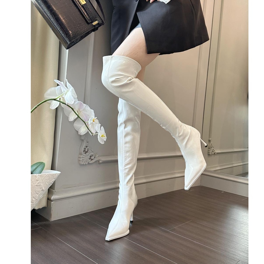 Giày Bốt Cao Gót Cổ Cao Qua Gối Mũi Nhọn Thời Trang Thu Đông 2023 Phong Cách Âu Mỹ Cho Nữ