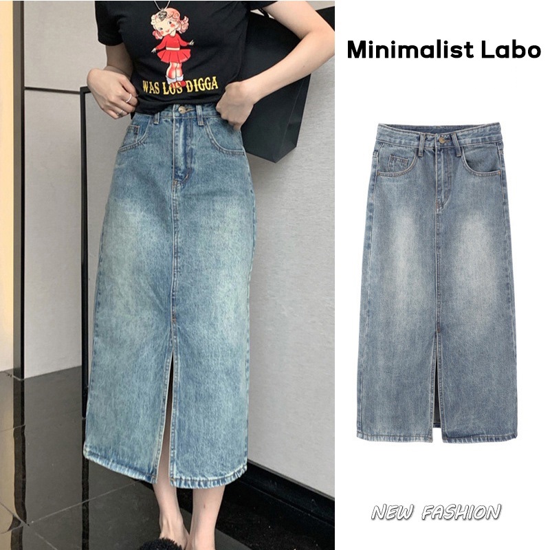 MINIMALIST LABO Chân Váy Denim Lưng Cao Xẻ Tà Form Ôm Phong Cách Quyến Rũ