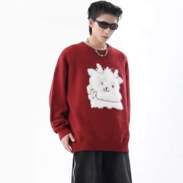 Áo sweater cổ cao tay dài dáng rộng họa tiết Giáng sinh thời trang cho cặp đôi