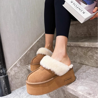 Dép Nữ Mùa Đông Phong Cách Mới Tăng Chiều Cao 6CM Đế Dày Lông Tơ Giày Cotton Nữ Nhà Đế Bằng Gót Chân Dép Nữ