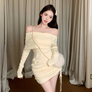 Đầm Len Một Mảnh Ôm Dáng Eo Co Giãn Họa Tiết Hoa Ba Chiều Gợi Cảm Phong Cách Hàn Quốc Cho Nữ
