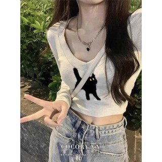Cocorygirl Áo Thun Nữ Dài Tay In Hình Mèo Thời Trang Hàn Quốc y2k