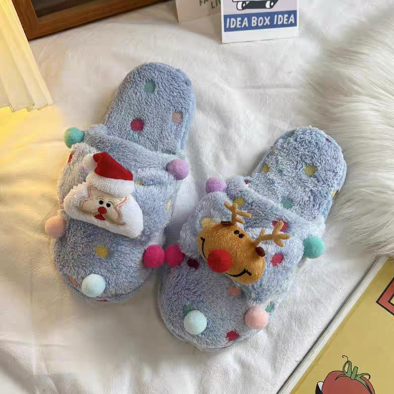 YAOLI Dép Bông Đi Trong Nhà Bằng cotton Phối Lông Thời Trang Giáng Sinh Dễ Thương Dành Cho Nữ Sinh Ký Túc Xá