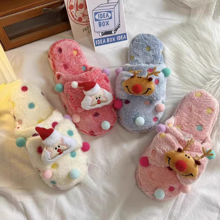 YAOLI Dép Bông Đi Trong Nhà Bằng cotton Phối Lông Thời Trang Giáng Sinh Dễ Thương Dành Cho Nữ Sinh Ký Túc Xá