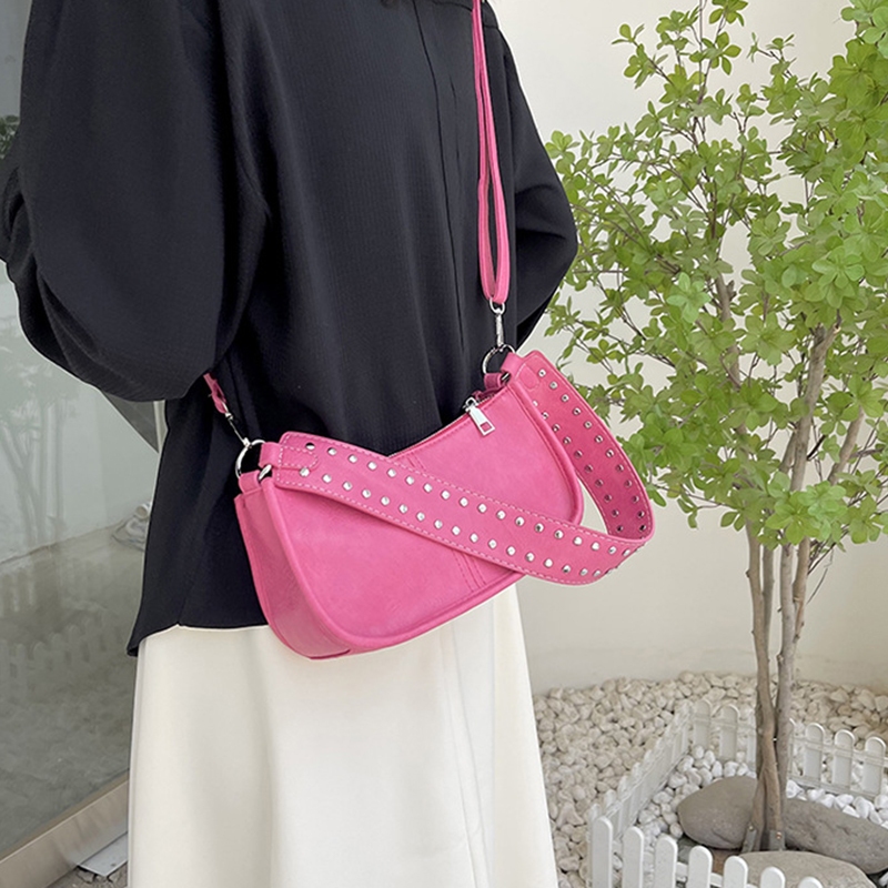 Túi Đeo Chéo yogodlns Dây Bản Rộng Màu Trơn Đính Đinh Tán Thiết Kế vintage pu lether y2k Cho Nữ