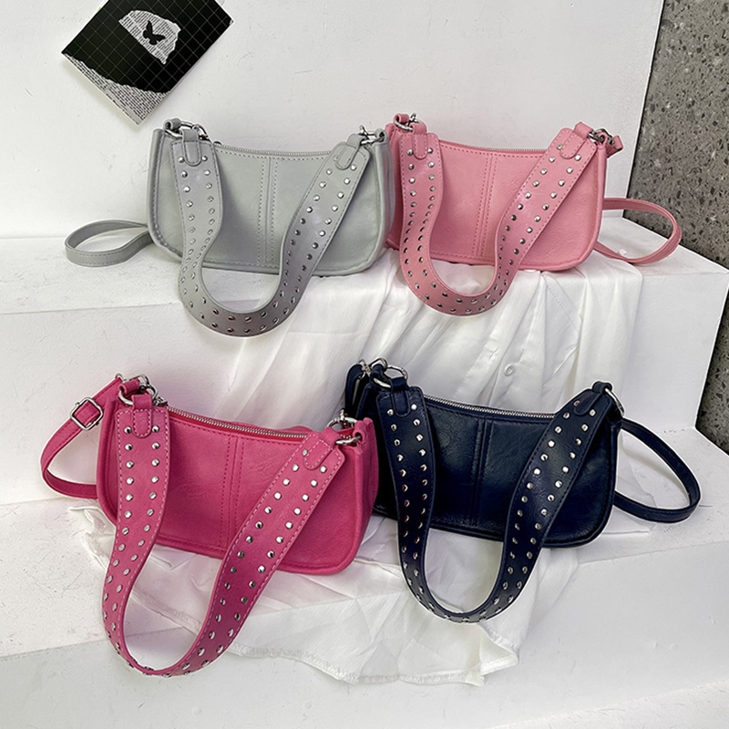 Túi Đeo Chéo yogodlns Dây Bản Rộng Màu Trơn Đính Đinh Tán Thiết Kế vintage pu lether y2k Cho Nữ
