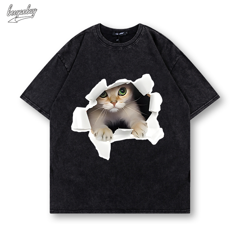 Áo phông nam wash BEEYANBUY áo thun in hình mèo con dễ thương unisex ulzzang 100% cotton-Y0537