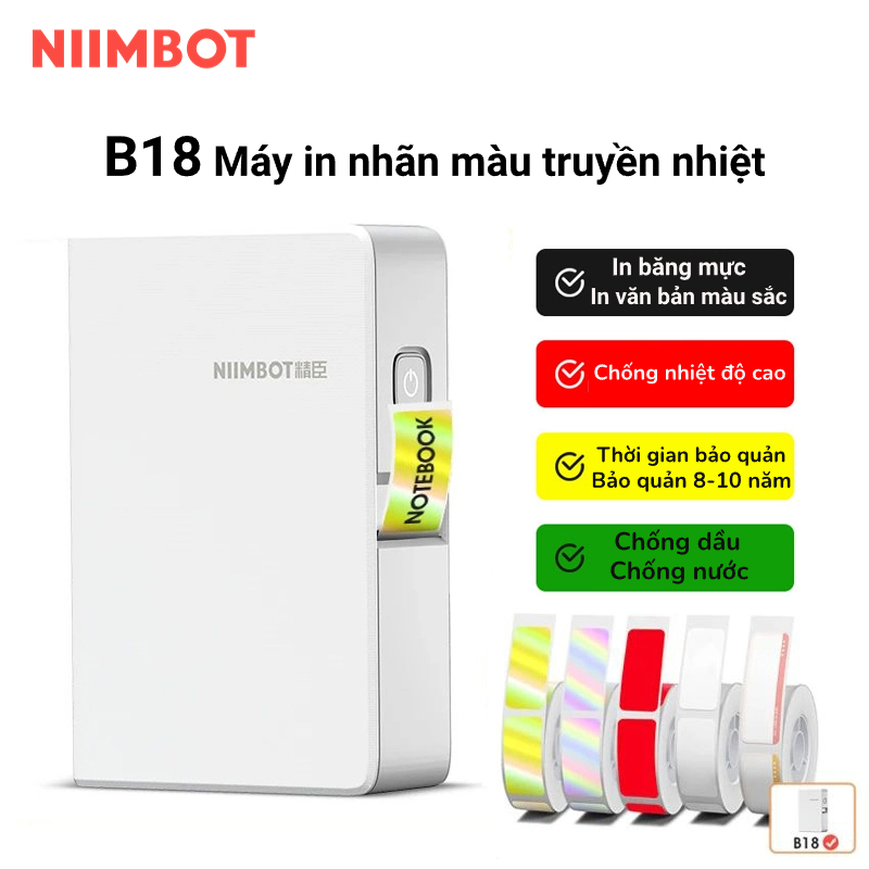 NIIMBOT B18 Máy in nhãn di động Kết nối Bluetooth không dây Hỗ trợ in màu.