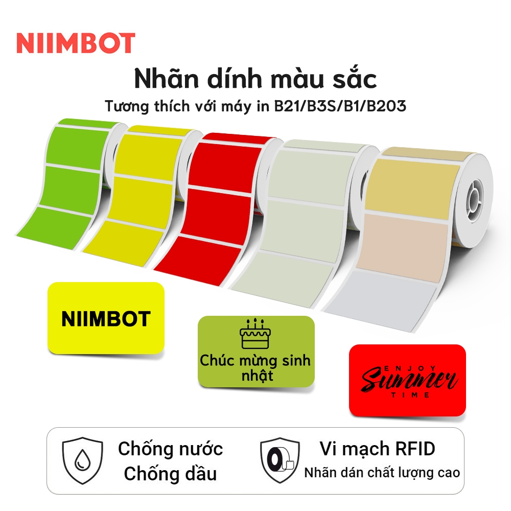 NIIMBOT B21/ B1/ B203 Giấy nhãn màu nguyên chất Mã vạch Giá Kích thước Nhãn tên Chống nước Chống dầu.