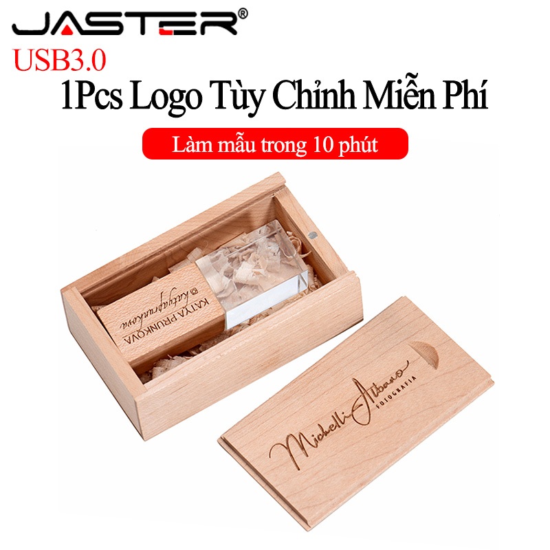 Jaster (logo tùy chỉnh miễn phí) ổ đĩa flash usb 3.0 128gb quà cưới thẻ nhớ 64gb pha lê + hộp ổ bút 32gb khắc laser gỗ pendrive 16gb mini u disk 8gb 4gb