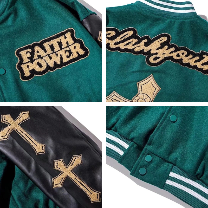Áo Khoác Bóng Chày nam Da Thêu Chữ Thập Phong Cách Hàn Quốc áo dài tay Cá Tính  Đường Phố thời trang jacket áo khoác bomber tiếng Nhật unisex bigsize chày thêu hình thánh giá phối tay da