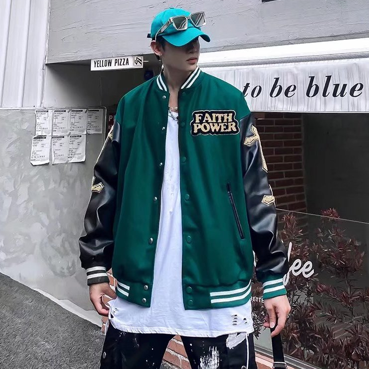 Áo Khoác Bóng Chày nam Da Thêu Chữ Thập Phong Cách Hàn Quốc áo dài tay Cá Tính  Đường Phố thời trang jacket áo khoác bomber tiếng Nhật unisex bigsize chày thêu hình thánh giá phối tay da