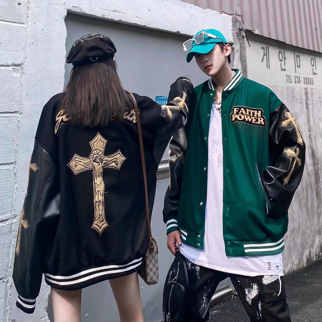 Áo Khoác Bóng Chày nam Da Thêu Chữ Thập Phong Cách Hàn Quốc áo dài tay Cá Tính  Đường Phố thời trang jacket áo khoác bomber tiếng Nhật unisex bigsize chày thêu hình thánh giá phối tay da