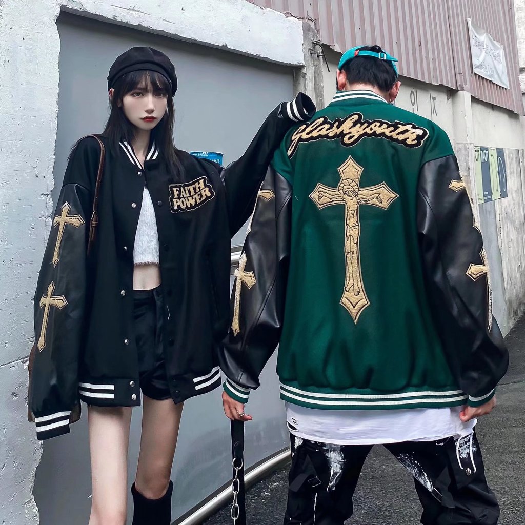 Áo Khoác Bóng Chày nam Da Thêu Chữ Thập Phong Cách Hàn Quốc áo dài tay Cá Tính  Đường Phố thời trang jacket áo khoác bomber tiếng Nhật unisex bigsize chày thêu hình thánh giá phối tay da