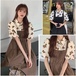 Váy đầm áo họa tiết nơ cổ sơ mi liền váy giả hai mảnh Tay Phồng Phong Cách yếm baby