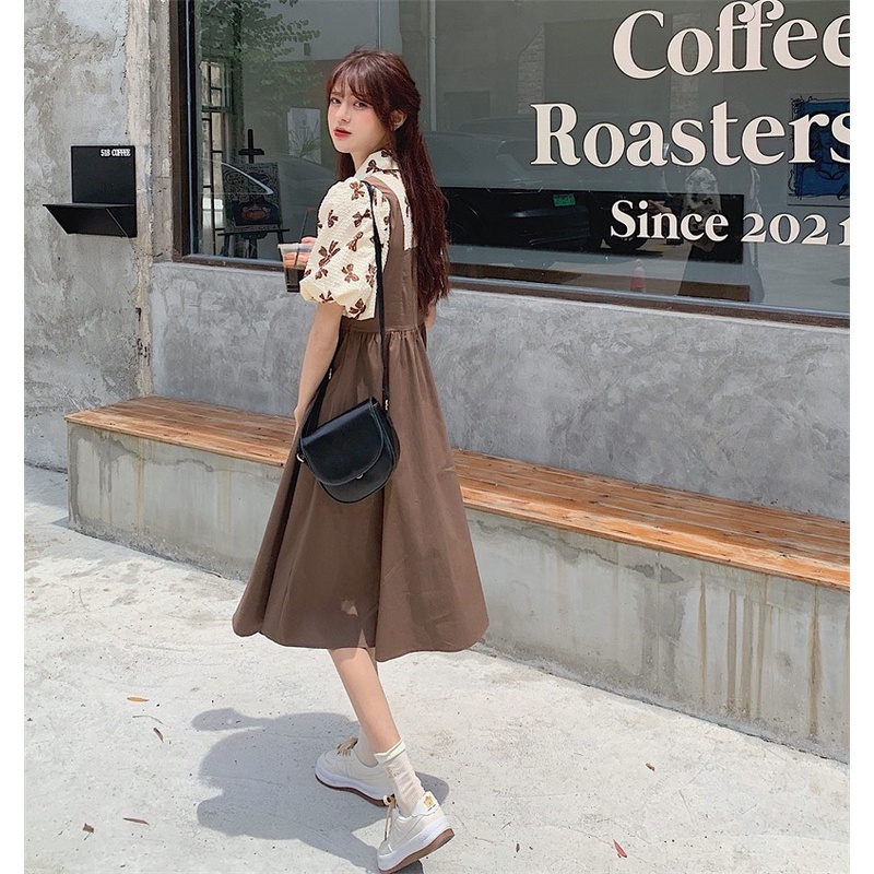 Váy đầm áo họa tiết nơ cổ sơ mi liền váy giả hai mảnh Tay Phồng Phong Cách yếm baby