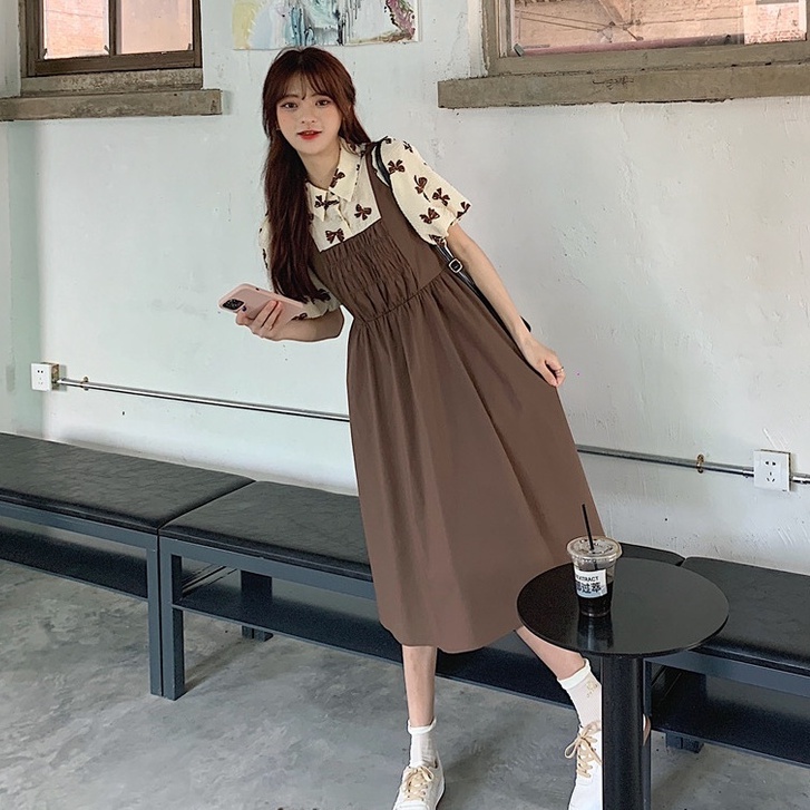 Váy đầm áo họa tiết nơ cổ sơ mi liền váy giả hai mảnh Tay Phồng Phong Cách yếm baby