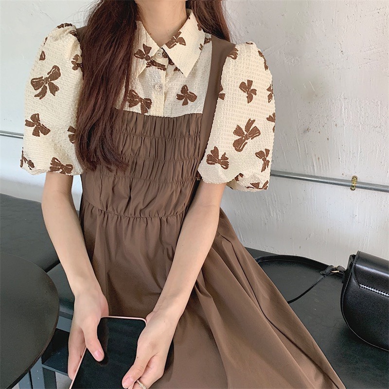 Váy đầm áo họa tiết nơ cổ sơ mi liền váy giả hai mảnh Tay Phồng Phong Cách yếm baby