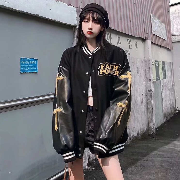 Áo Khoác Bóng Chày nam Da Thêu Chữ Thập Phong Cách Hàn Quốc áo dài tay Cá Tính  Đường Phố thời trang jacket áo khoác bomber tiếng Nhật unisex bigsize chày thêu hình thánh giá phối tay da