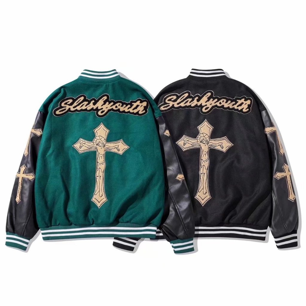 Áo Khoác Bóng Chày nam Da Thêu Chữ Thập Phong Cách Hàn Quốc áo dài tay Cá Tính  Đường Phố thời trang jacket áo khoác bomber tiếng Nhật unisex bigsize chày thêu hình thánh giá phối tay da