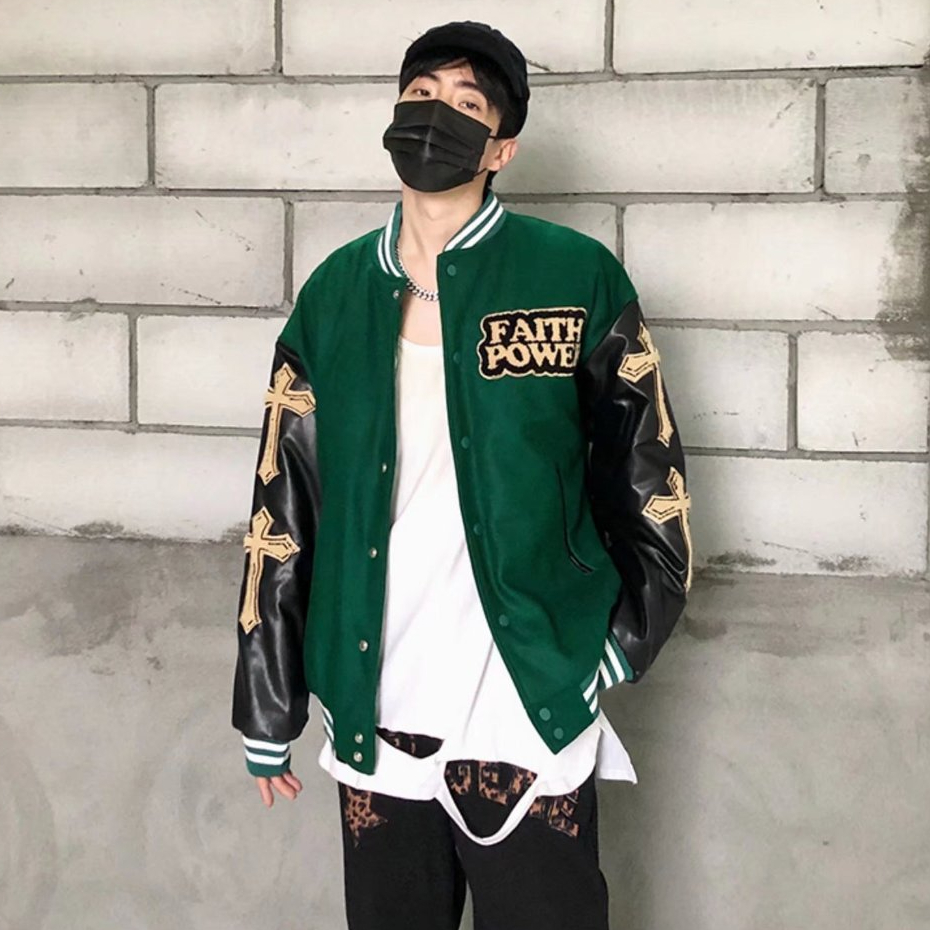Áo Khoác Bóng Chày nam Da Thêu Chữ Thập Phong Cách Hàn Quốc áo dài tay Cá Tính  Đường Phố thời trang jacket áo khoác bomber tiếng Nhật unisex bigsize chày thêu hình thánh giá phối tay da