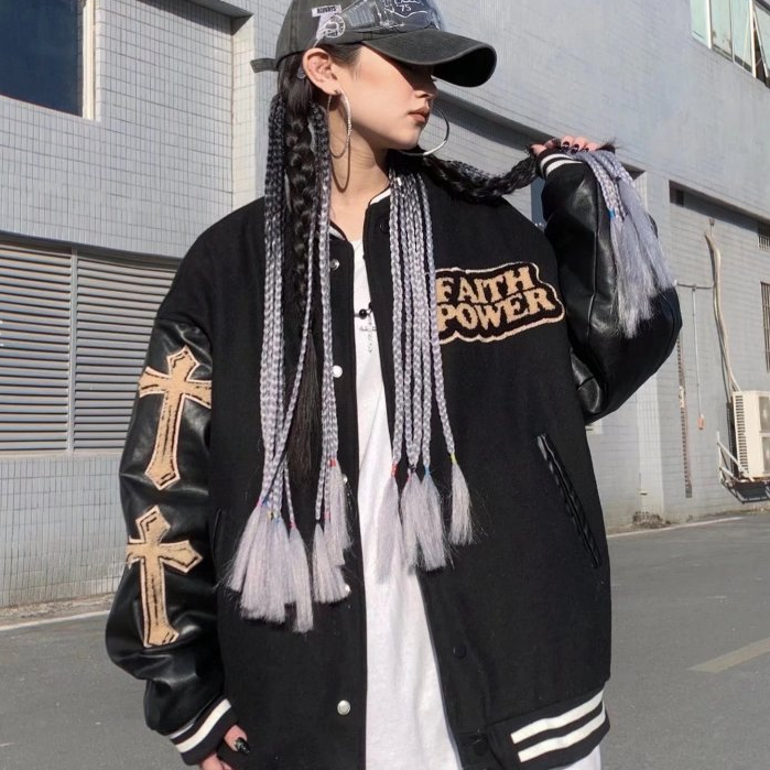 Áo Khoác Bóng Chày nam Da Thêu Chữ Thập Phong Cách Hàn Quốc áo dài tay Cá Tính  Đường Phố thời trang jacket áo khoác bomber tiếng Nhật unisex bigsize chày thêu hình thánh giá phối tay da