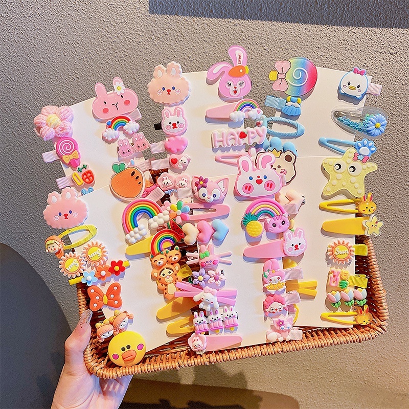 Set 14 Kẹp Tóc Hình Động Vật / Trái Cây Màu Cầu Vồng Dễ Thương Cho Bé Gái
