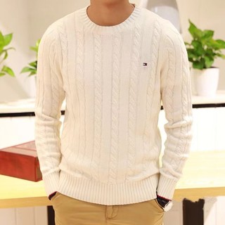 Áo len dệt kim xoắn hạng nặng Tommy, thêu logo cotton nguyên chất, cổ tròn dài tay, áo len dệt kim ấm áp, áo len nam pha trộn