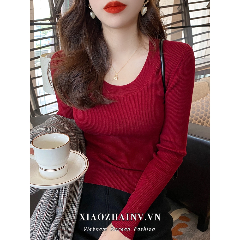 Xiaozhainv Áo sweater Dệt Kim Tay Dài Cổ Tròn Màu Trơn Dáng Ôm Thời Trang Hàn Quốc Cho Nữ y2k