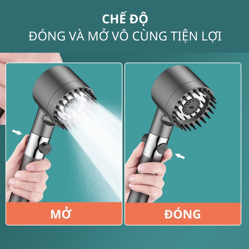 Vòi hoa sen tăng áp. Đầu vòi hoa sen ba chế độ áp suất cực cao tiết kiệm nước có lõi lọc (bao gồm cáp vòi 1m5)