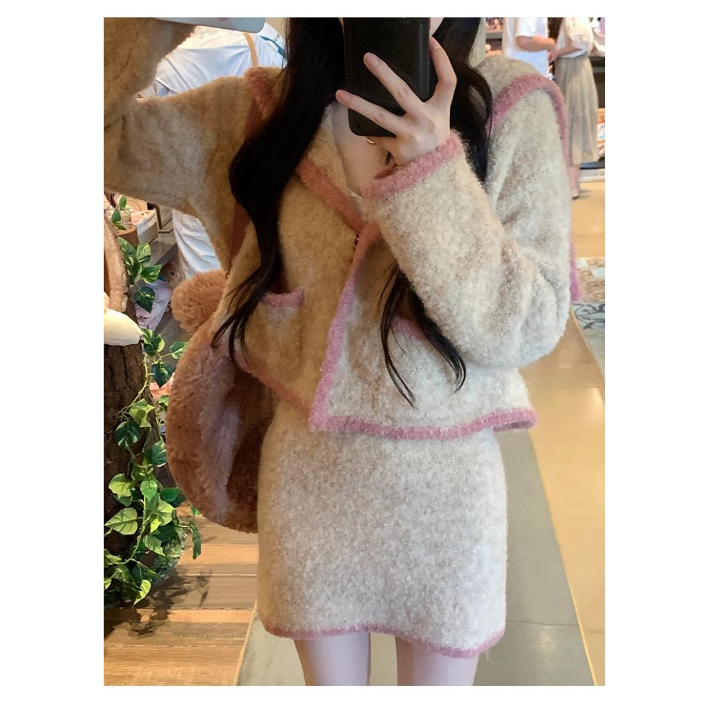 Mới Bộ Áo cardigan Dệt Kim Màu Hồng + Chân Váy Xinh Xắn Dành Cho Bé Gái