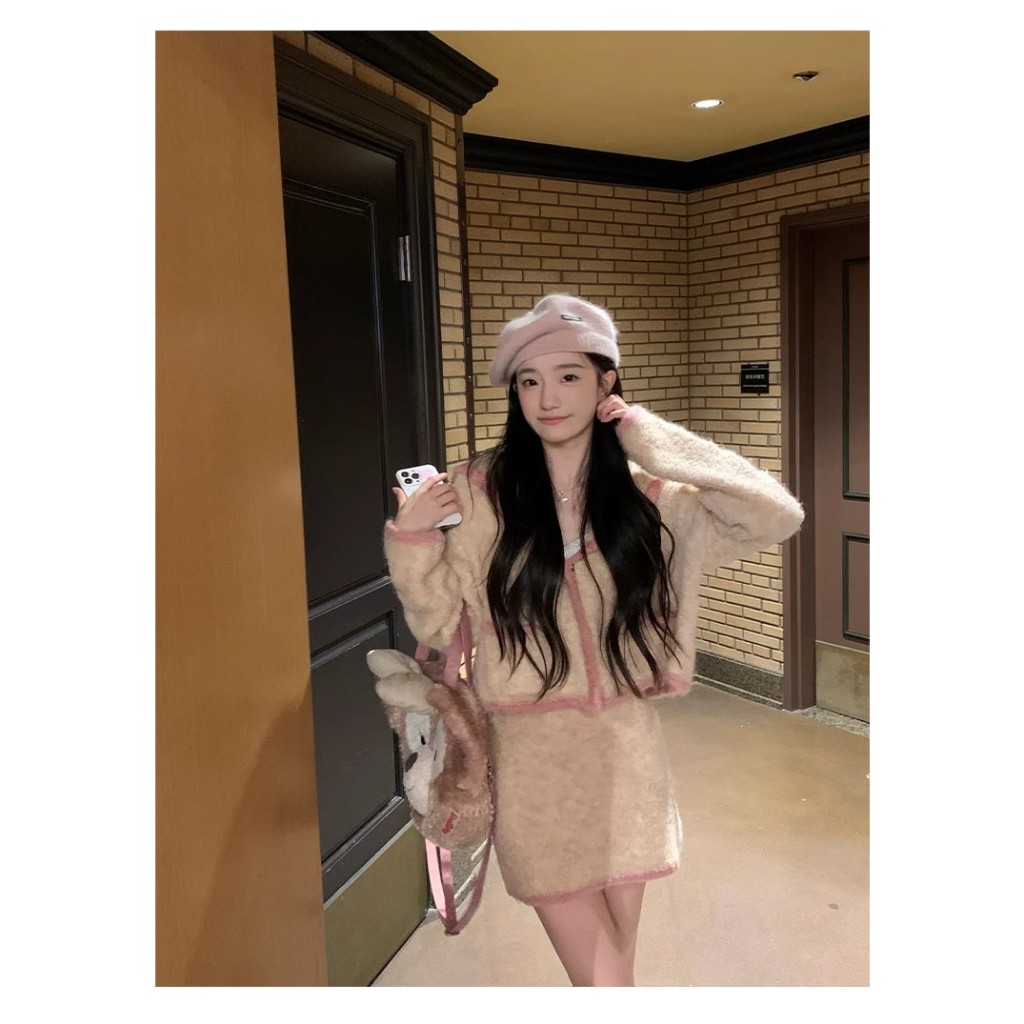 Mới Bộ Áo cardigan Dệt Kim Màu Hồng + Chân Váy Xinh Xắn Dành Cho Bé Gái