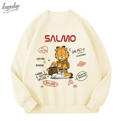 Áo sweater nam màu kem BEEYANBUY áo nỉ tay dài thời trang in hình Garfield unisex 100% cotton-Y0520