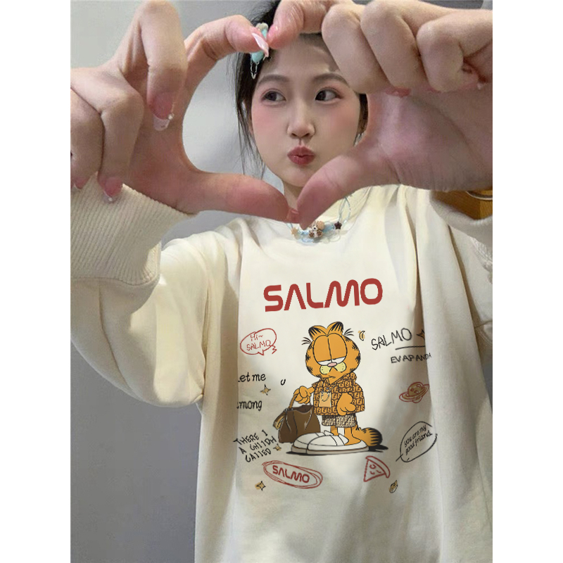 Áo sweater nam màu kem BEEYANBUY áo nỉ tay dài thời trang in hình Garfield unisex 100% cotton-Y0520