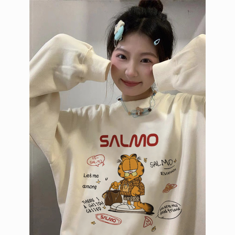 Áo sweater nam màu kem BEEYANBUY áo nỉ tay dài thời trang in hình Garfield unisex 100% cotton-Y0520