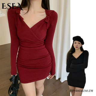 ESEA Đầm Cổ Chữ v Thắt Nơ Ôm Dáng Gợi Cảm Thời Trang Giáng Sinh Năm Mới Cho Nữ