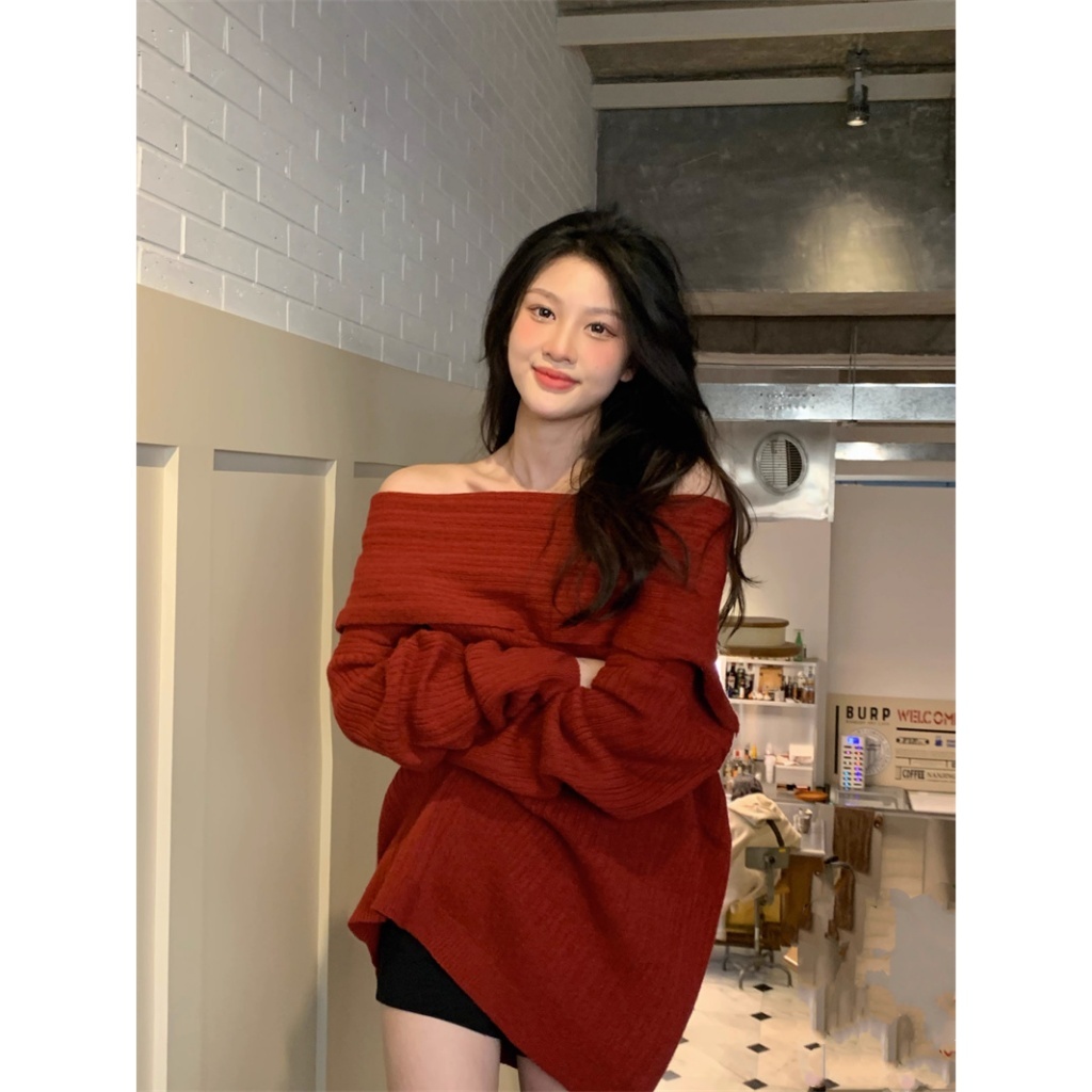 Lalisas Giáng sinh Áo sweater Dệt Kim Trễ Vai Dáng Rộng Thời Trang Thu Đông Dành Cho Nữ