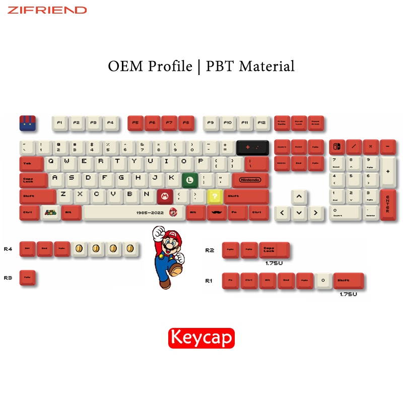 ZIFRIEND Mario Theme Keycap 123 Keys Pbt Bàn phím được cá nhân hóa Keycap Oem Full Blackout Món quà dễ thương