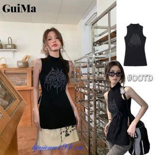 Áo thun nữ GUI MA không tay màu đen thiết kế xẻ tà thời trang mùa hè quyến rũ