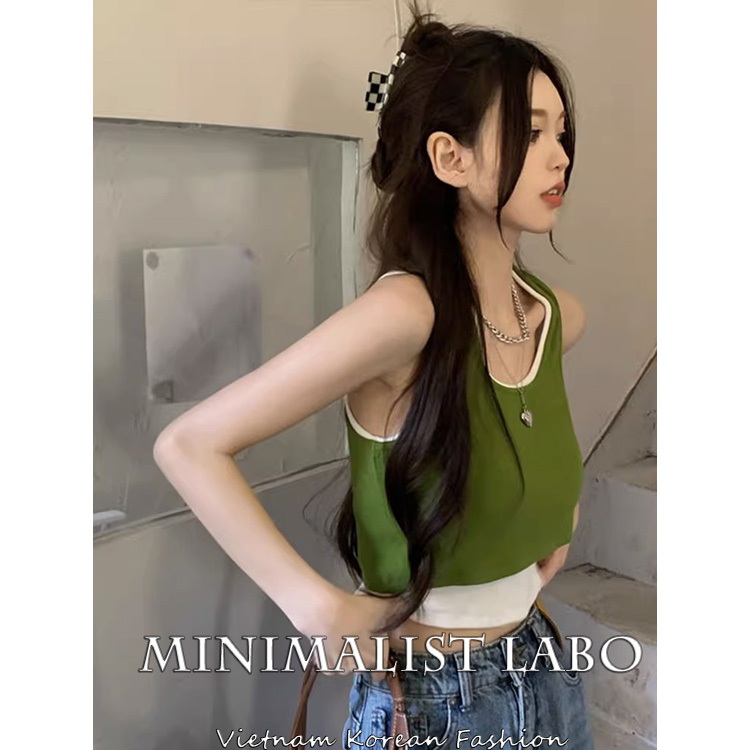 MINIMALIST LABO Áo Croptop Giả Hai Mảnh Màu Xanh Lá Cây Phong Cách Thể Thao Mùa Hè Cho Nữ