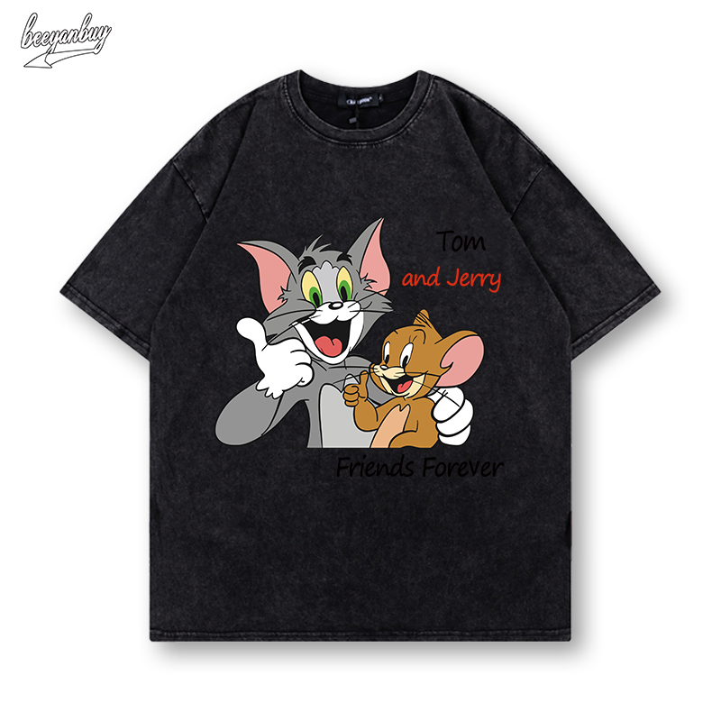 Áo phông nam wash BEEYANBUY áo thun cổ tròn tay lỡ in hình Tom and Jerry unisex ulzzang 100% cotton-Y0563