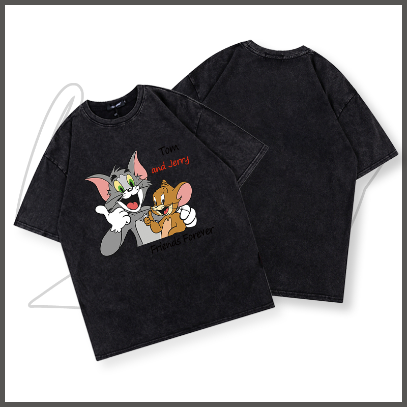 Áo phông nam wash BEEYANBUY áo thun cổ tròn tay lỡ in hình Tom and Jerry unisex ulzzang 100% cotton-Y0563
